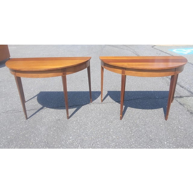 Wood Pair 1930s American Federal Mahogany Inlaid Large Demilune Console Tables or Dining Table For Sale - Image 7 of 11