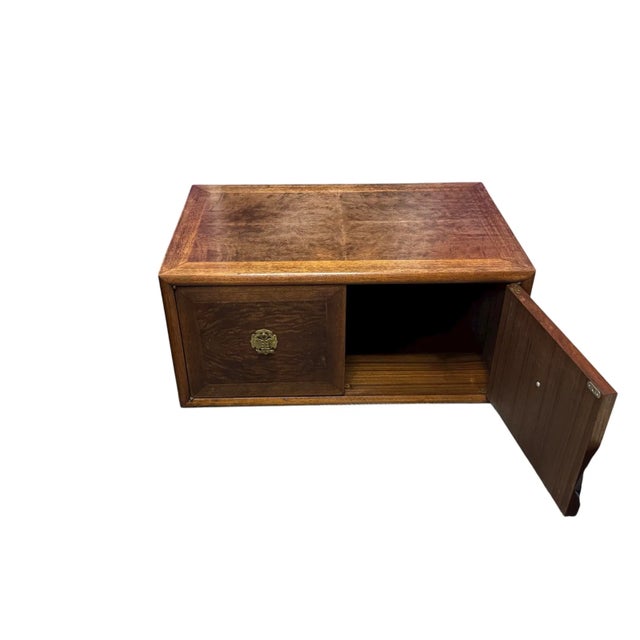 Brass Mid-Century Asian Modern Burl Wood Nightstand With Chinoiserie Brass Hardware For Sale - Image 8 of 11