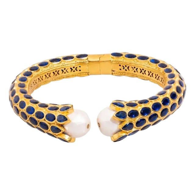 Cleopatra Sapphire & Pearl Gold Chunky Cuff Bracelet For Sale