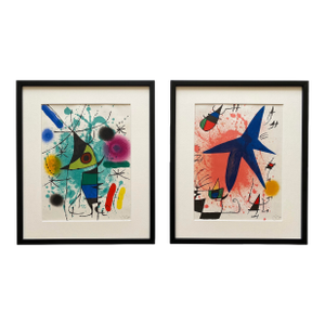 Joan Miro Vintage 1972 Mid Century Modernist Framed " Le Chanteur " and " l'Etoile Bleu " Original Lithograph Prints - Set of 2