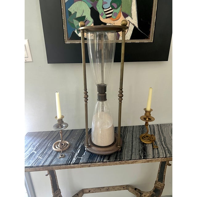 Brass Solid Brass and Glass Classic Hour Glass With Sphere Finials and Feet For Sale - Image 8 of 8