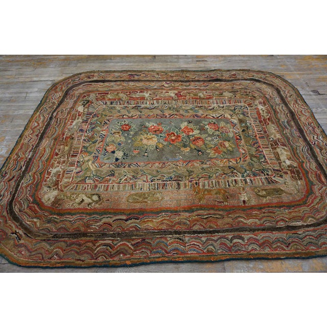 19th Century American Hooked Rug 5' 8" x 8' 2" Antique American Hooked Hallway Runner Wool & Cotton Multicolor Rug, Circa...