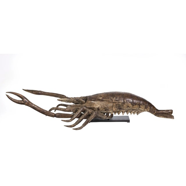 French Wood Carved Lobster Sculpture on Custom Made Iron Base 19th Century For Sale - Image 4 of 7