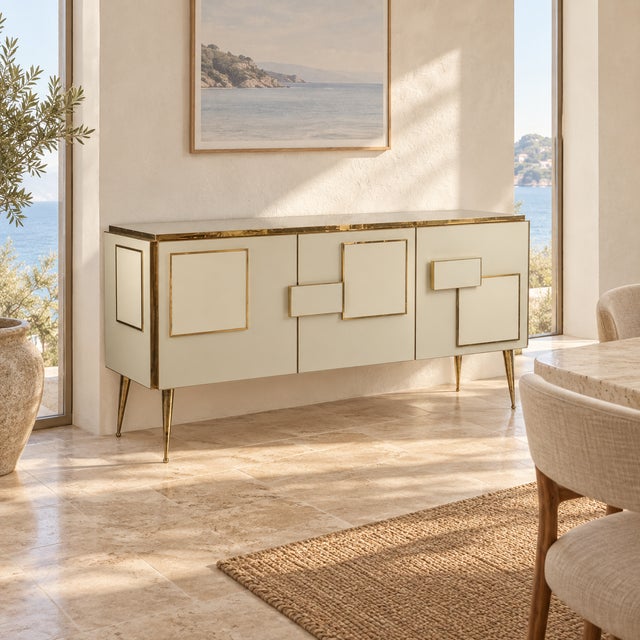 Gold Three-Door Ivory Murano Glass and Brass Italian Sideboard from Justfurnituress SRL For Sale - Image 8 of 9