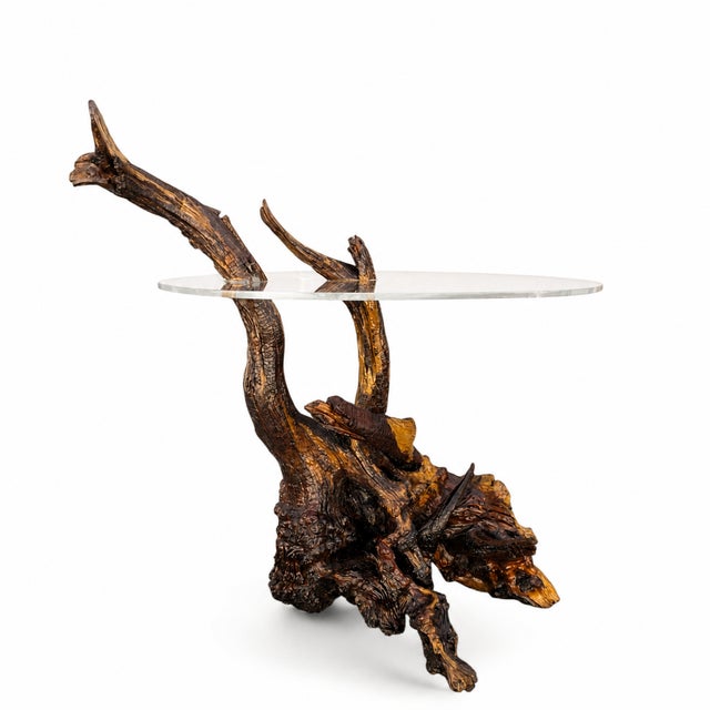 Vintage Organic Modern Driftwood Side Table With Acrylic Top, Mid-Century For Sale - Image 17 of 18