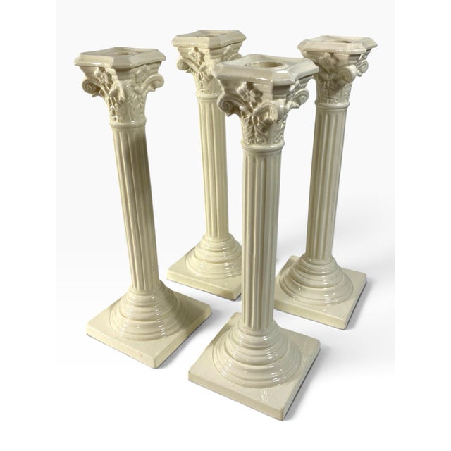 English Set of Four English George III Corithian Column Creamware Candlesticks Late 18th Early 19th Century Staffordshire For Sale - Image 3 of 8