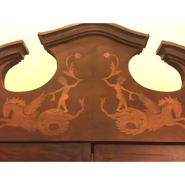 19thc Walnut Corner Cupboard of Inlaid Fruitwood W/ Mythical Creatures & Flowers For Sale In Savannah - Image 6 of 12