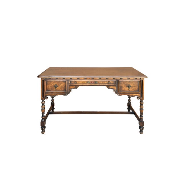 English Vintage Western Revival Drawers Turned Decorative Legs Desk For Sale - Image 3 of 6