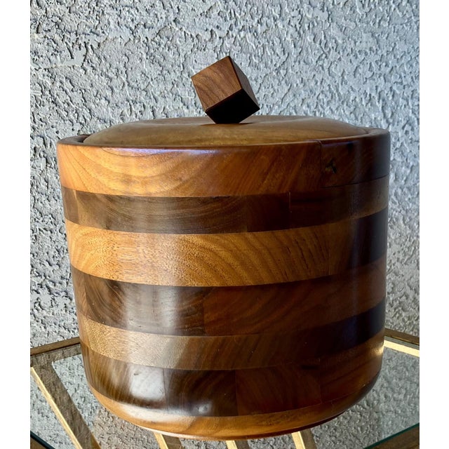 Dansk Circa 1970/1980 Sleek & Chic Walnut Wood Ice Bucket With Attached Insulated Glass Insert For Sale - Image 4 of 18