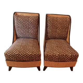 Pair of Palecek Cane Slipper Chairs — Hollywood Regency, Chevron Upholstery For Sale