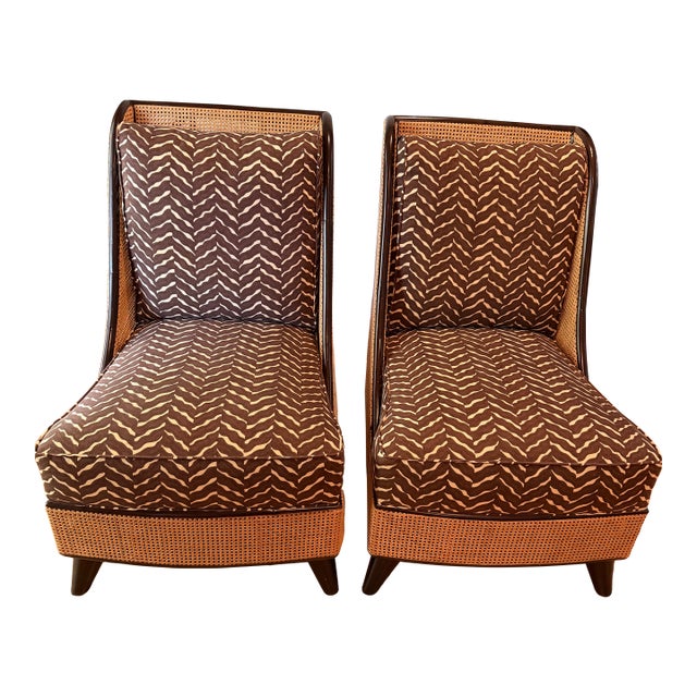 Pair of Palecek Cane Slipper Chairs — Hollywood Regency, Chevron Upholstery For Sale