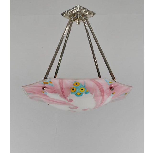 Metal Loys Lucha French Art Deco Pendant Light 1930s - Octagonal Pink Enameled Floral Bowl For Sale - Image 7 of 14