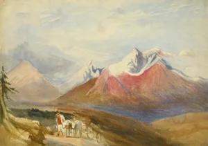 Vintage English Watercolor Landscape - Winter Peaks