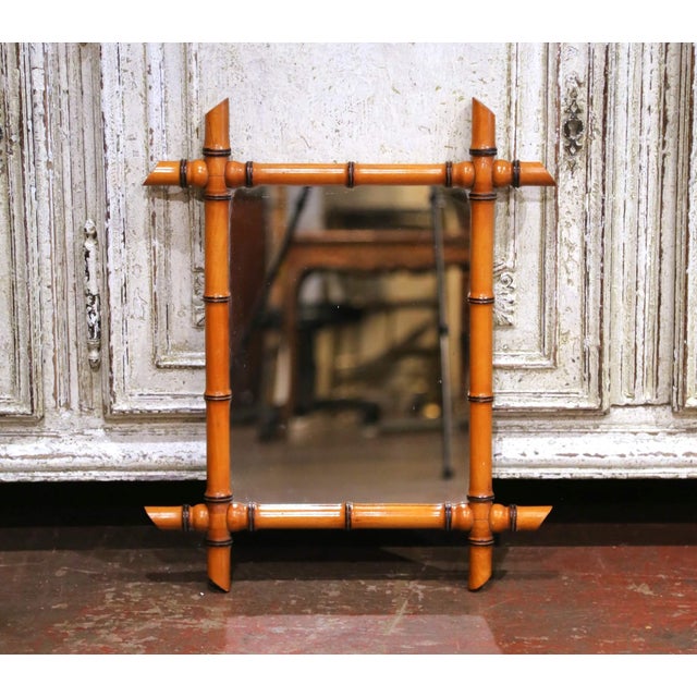 Early 20th Century Mid-Century French Faux Bamboo Wood Wall Mirror With Warm Patina For Sale - Image 5 of 6