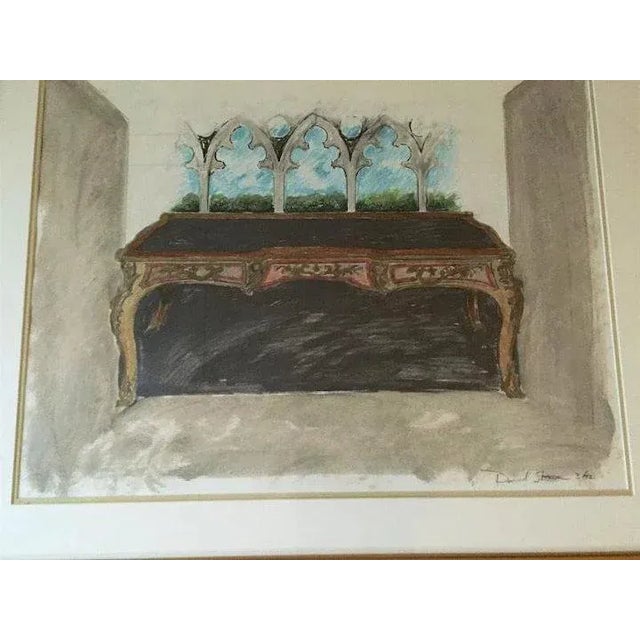 Signed and dated mix media by Daniel Strawn. Gothic windows and desk. Framed. Measures 26 3/4 by 33". Daniel Strawn –...