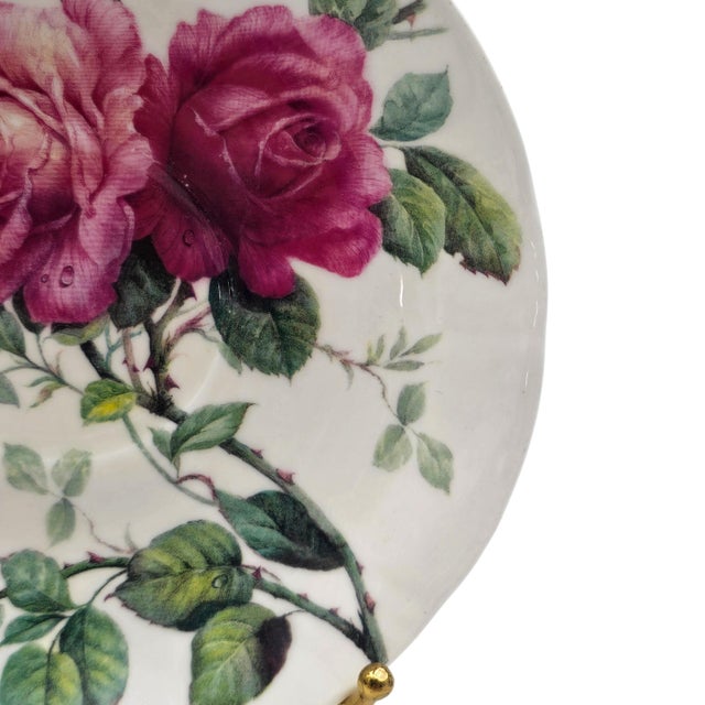 1990s Roy Kirkham English Rose Jumbo Teacup Saucers Bone China England 6.625" - Set of 4 For Sale - Image 10 of 12