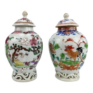 Antique 18th Century Chinese Export Porcelain Tea Caddies Decorated with Rooster and Deer in Famille Rose - A Pair For Sale