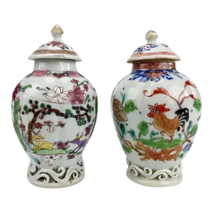 Antique 18th Century Chinese Export Porcelain Tea Caddies Decorated with Rooster and Deer in Famille Rose - A Pair
