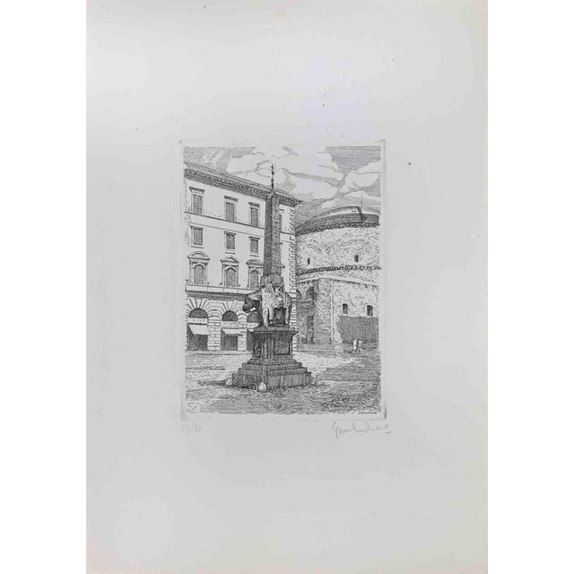Piazza della Minerva - Rome is an artwork realized in the 1970s by Giuseppe Malandrino . Original B.W. etching print....