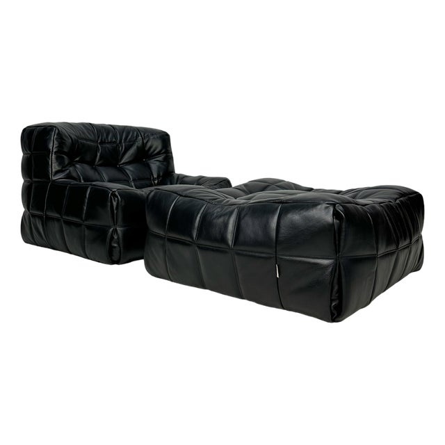 Set of Vintage Leather Kashima Seater and Ottoman by Michel Ducaroy for Ligne Roset, 1980s For Sale
