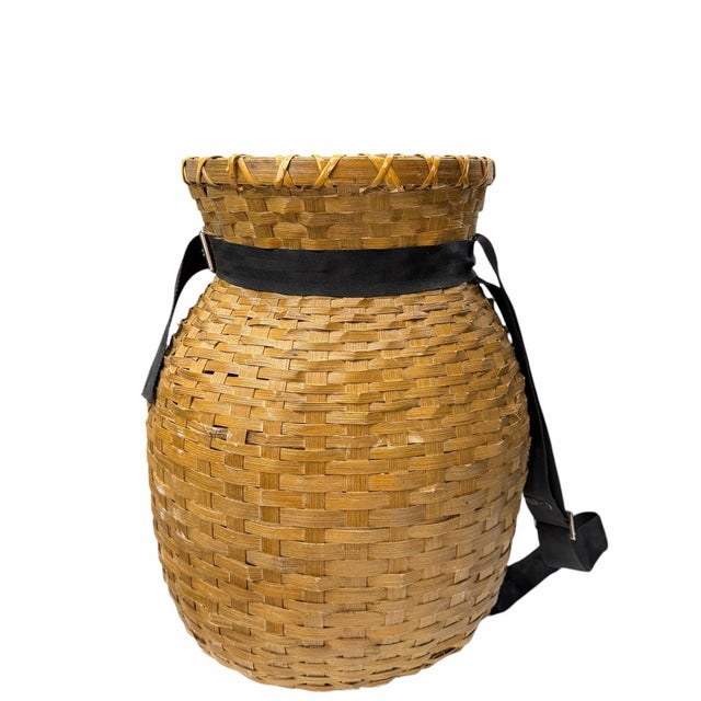 Vintage Adirondack backpack basket. Black adjustable grosgrain ribbon straps provide comfort while wearing on your back....