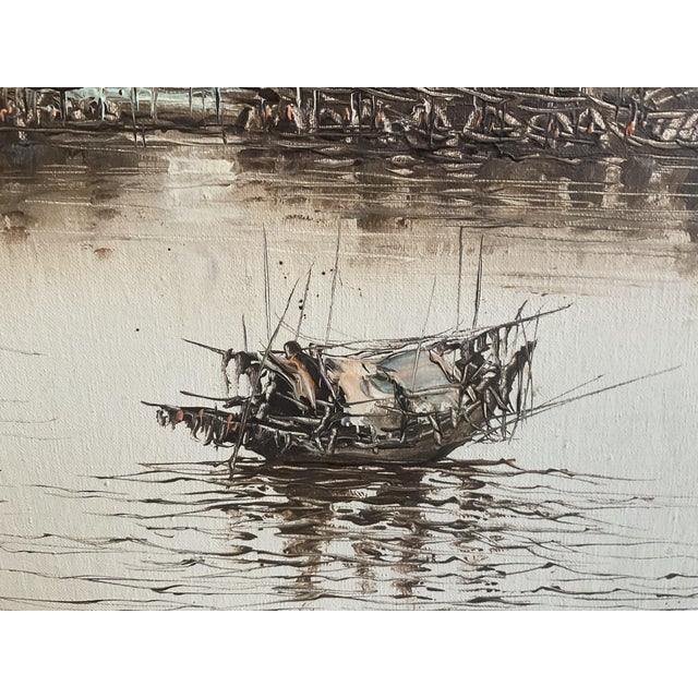 Mid 20th Century Framed Asian Harbor Scene Ink Wash Drawing Fishing Boats Landscape For Sale - Image 5 of 11