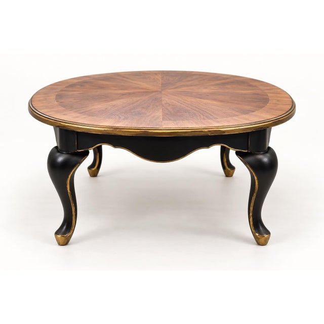 French Provincial Mid-Century French Provincial Oval Coffee Table With Radial Walnut Veneer, Satin Canyon Black & Hand-Gilded Gold For Sale - Image 3 of 5