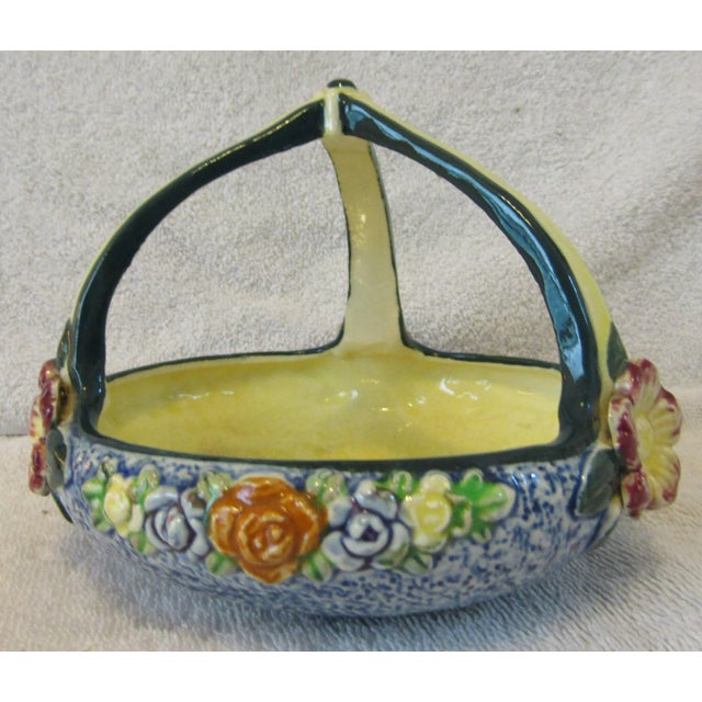 Vintage Japan Triple Handle Hand Made Hand Painted Pottery Floral Bowl For Sale - Image 4 of 13