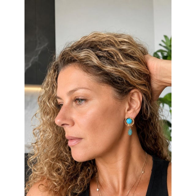 1970s Pair of Italian 14k Gold Turquoise Rope Motif Drop Earrings For Sale - Image 11 of 11