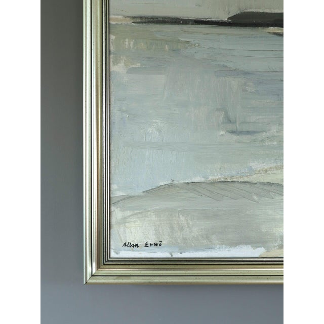 Textile Mid-Century Modern 'Still Coast' Vintage Swedish Abstract Coastal Landscape Oil Painting, Framed For Sale - Image 7 of 13