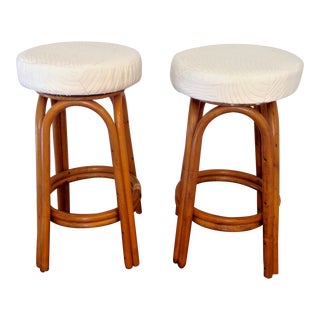 Rattan Palm Leaf Seat Swivel Stools - a Pair For Sale