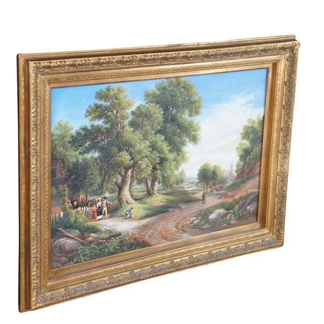 The Hudson River School Late 20th Century Sunday Morning Church Landscape Oil Painting After Asher Brown Durand 45" For Sale - Image 3 of 12