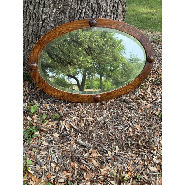 Arts & Crafts Antique Early 20th Century Oak Framed Beveled Oval Wall Mirror For Sale - Image 3 of 8