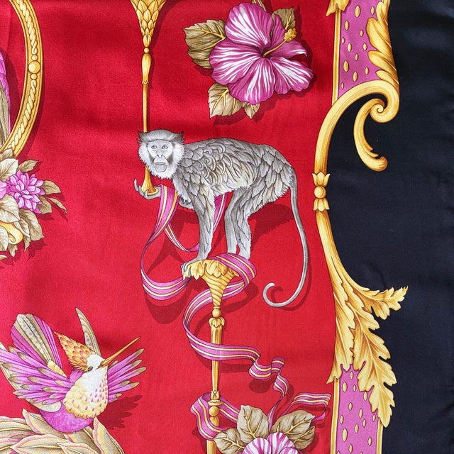 Baroque Framed Salvatore Ferragamo Silk Scarf, Exotic Birds & Monkeys, 37" X 37" Luxury Wall Art For Sale - Image 3 of 6