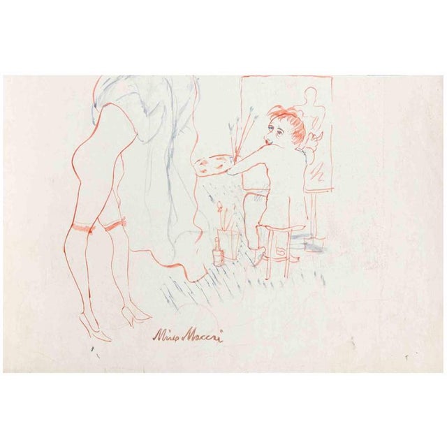 Mino Maccari, Painter and Model, 1938, Watercolor For Sale - Image 3 of 3