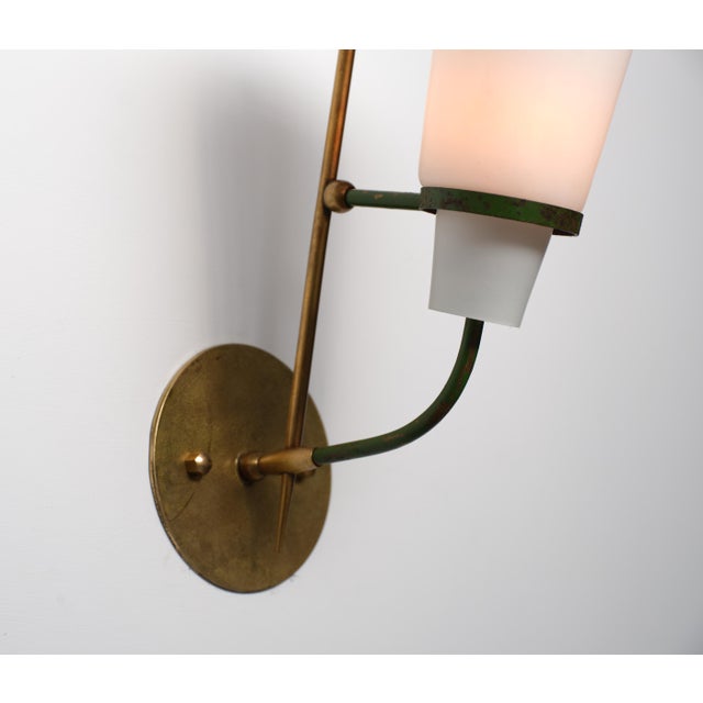 Vintage Italian Sconces in Brass with Green Lacquered Steel and Opaline Glass, 1950s, Set of 2 For Sale - Image 4 of 9