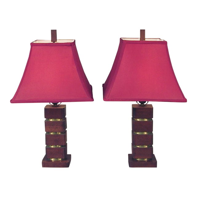 Mid Century Modern Wood Table Lamps With Red Pagoda-Shaped Shades - a Pair For Sale