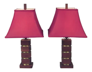 Mid Century Modern Wood Table Lamps With Red Pagoda-Shaped Shades - a Pair