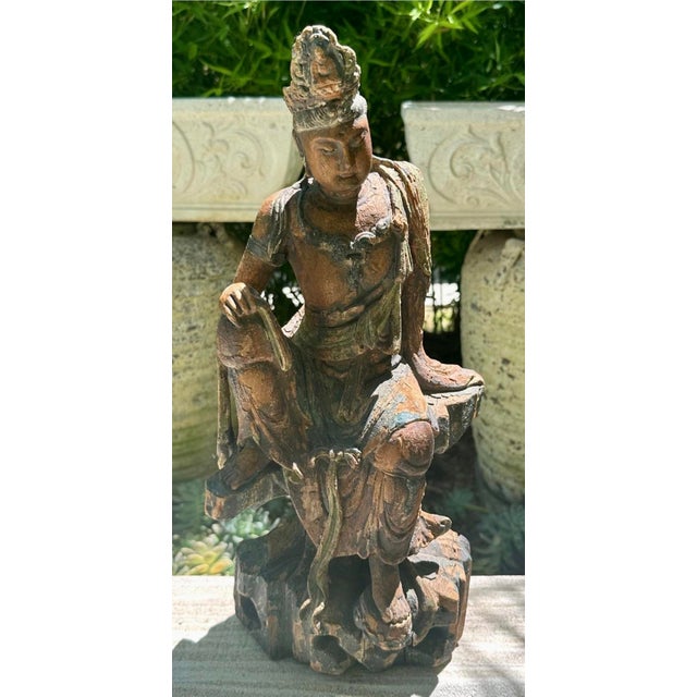 Brown Carved and Painted Wooden Seated Figure of Guanyin — Qing Dynasty, 19th Century For Sale - Image 8 of 12