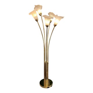 Vintage 5-Light Floor Lamp Polished Brass Body Stylized Calla Lily Flower Shades For Sale