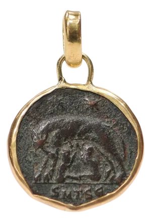 Constantine-Era Bronze Romulus & Remus Coin Pendant in 22k Gold