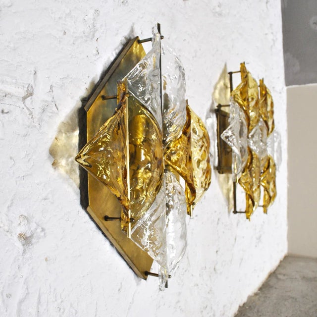 Mid-Century Modern Amber Glass & Brass Sconces from Mazzega, Set of 2 For Sale - Image 3 of 10