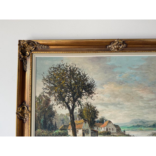 1950s Vintage P. Veen European Countryside River Landscape Oil on Canvas Painting For Sale - Image 5 of 12