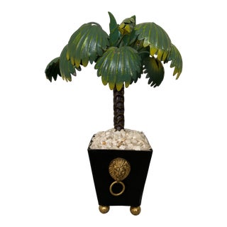 Vintage Palm Beach Style Petite Potted Tole Palm Tree Candle Holder For Sale