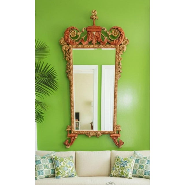 20th Century Rococo Style Regency Pagoda Rust Green Carved Wood Tall Wall Mirror For Sale - Image 13 of 14