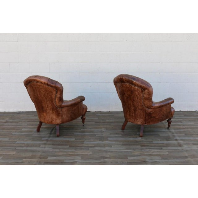 Pair of Vintage 1980s Distressed Brown Leather Tufted Library Armchairs For Sale - Image 12 of 18