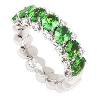 Green Garnet Tsavorite Eternity Diamond Band 18 Karat White Gold Unique Ring, Size 7 For Sale