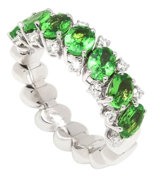 Green Garnet Tsavorite Eternity Diamond Band 18 Karat White Gold Unique Ring, Size 7