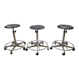 Industrial Adjustable Metal Rolling Stools - Set of 3 For Sale