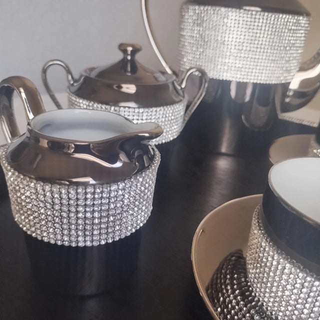 Sophie Villepigue, Paris Limoges Platinum Porcelain Swarovski Paved Tea Pot Creamer Sugar & Cups + Tray 12 Pieces For Sale - Image 16 of 17